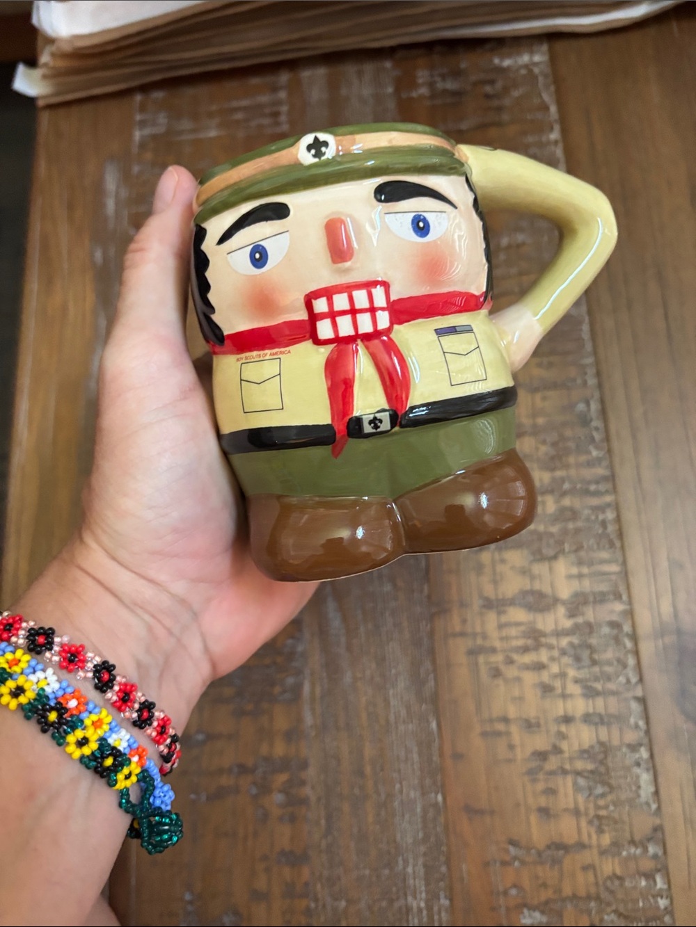 Ceramic Nutcracker Scout Mug - Yellow, Green, Brown, Red Accents